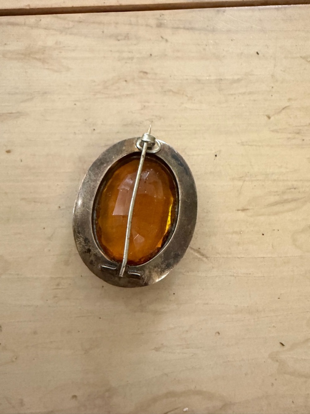 Vintage Amber Oval Brooch with Ornate Silver-Tone Frame - Picture 5 of 5